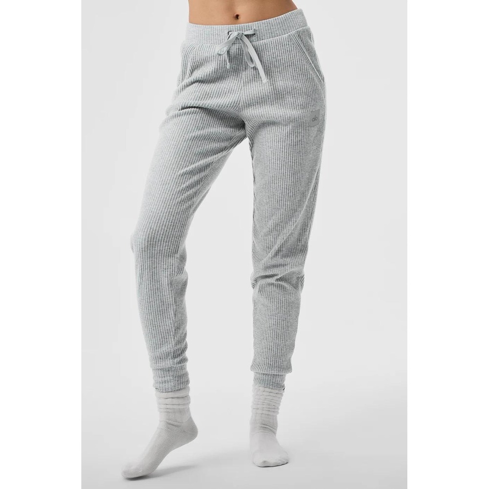 Alo Yoga Muse Sweatpant Women S Athletic Heather Grey Ribbed Knit Jogger Lounge - Picture 2 of 10